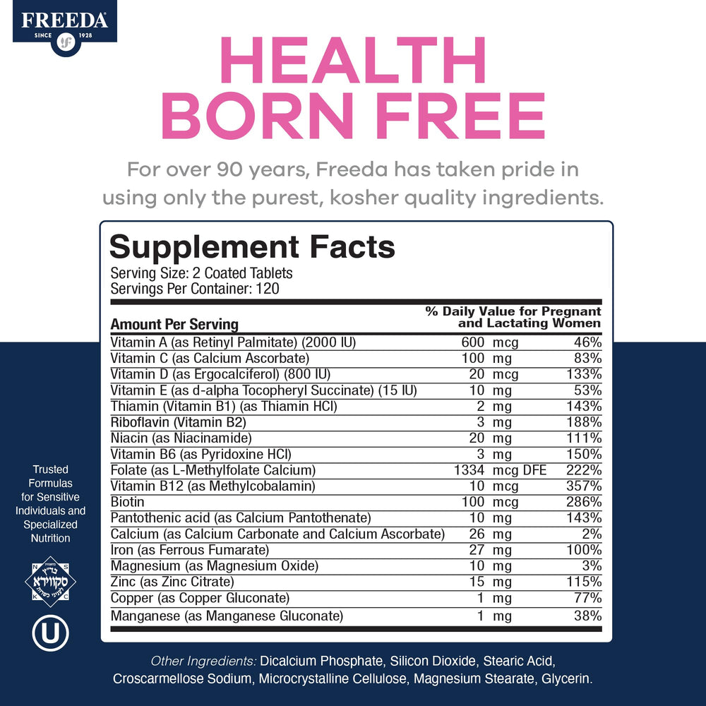 Freeda Mini Prenatal US-made manufacturing stamp and quality assurance seal