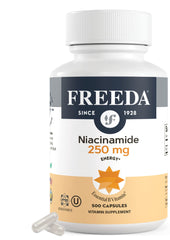 Freeda Niacinamide bottle front showing non-flush Vitamin B3 capsules for daily wellness.