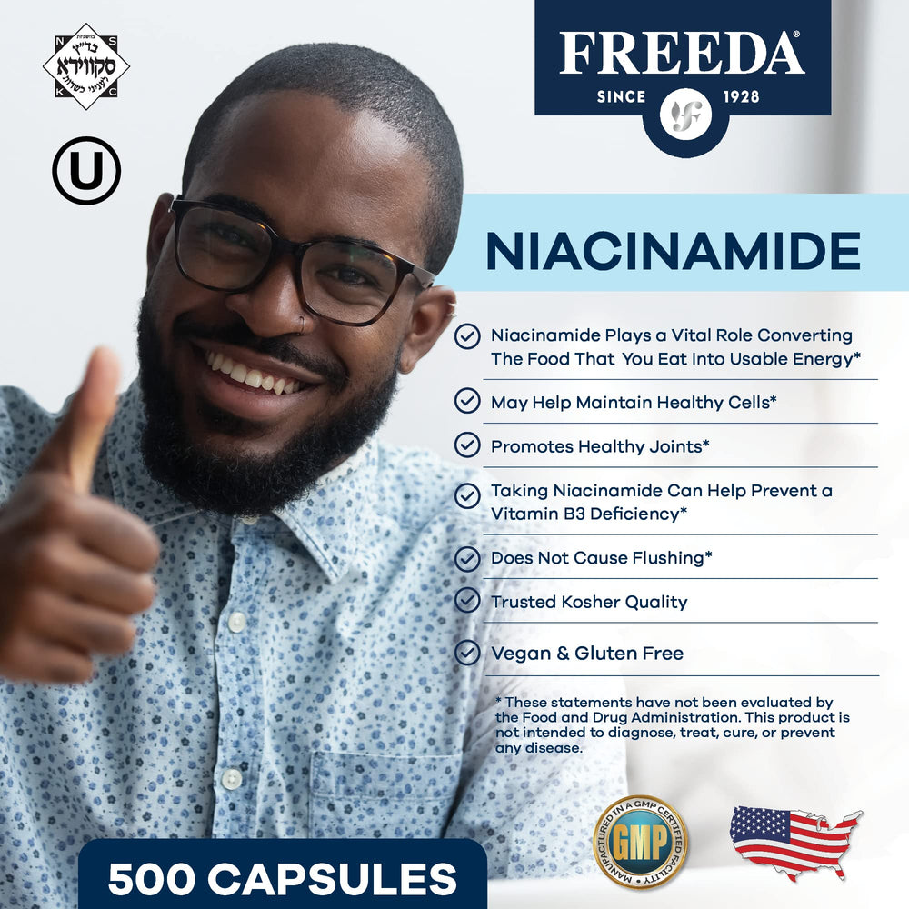 Freeda Niacinamide capsules close-up with smooth shells for easy swallowing.