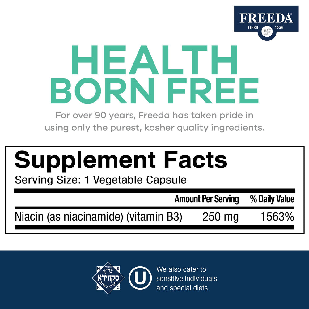 Freeda Niacinamide label notes non-flush formula and vegan, kosher certifications.