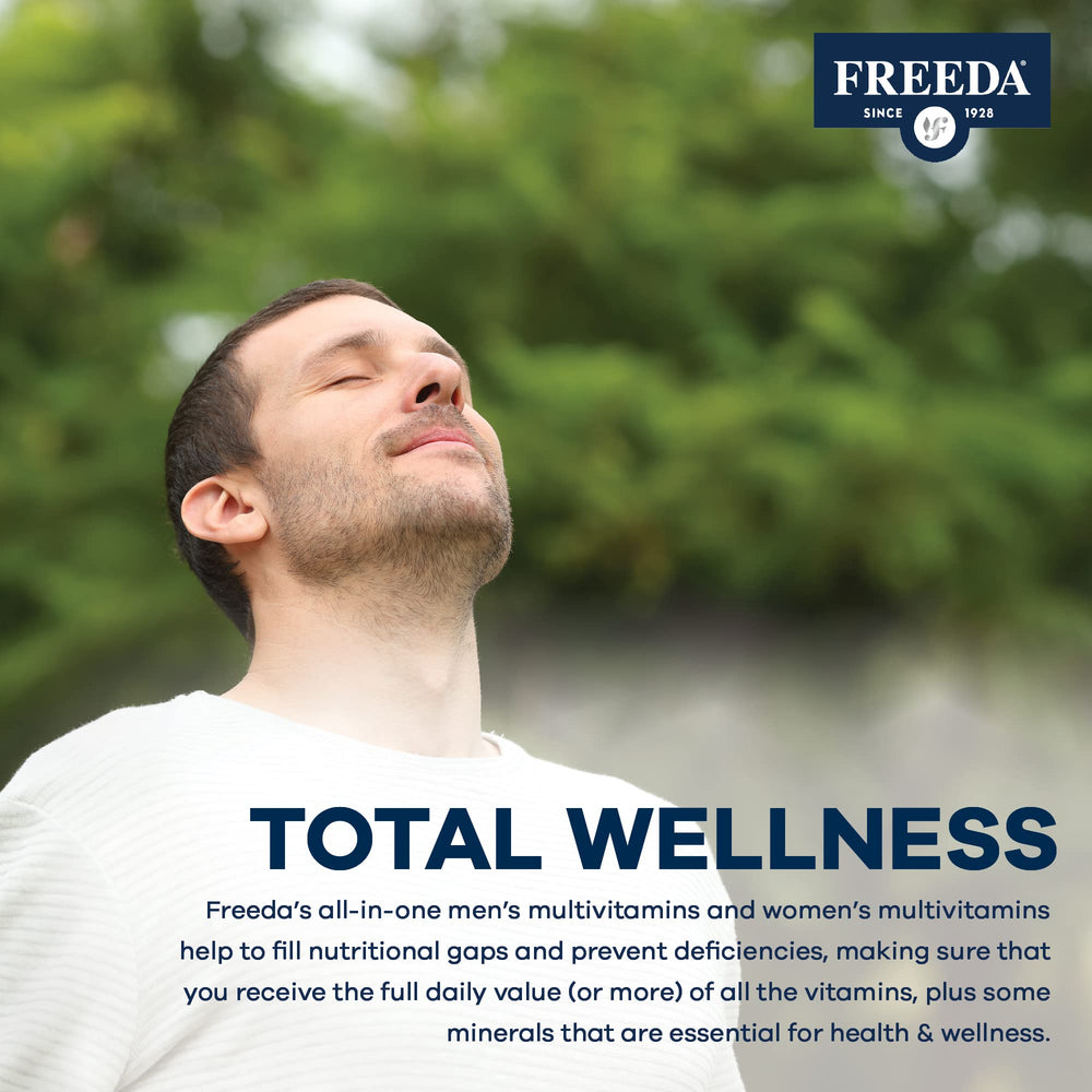 FREEDA One Daily Multivitamin GMP facility background indicating USA-made quality.
