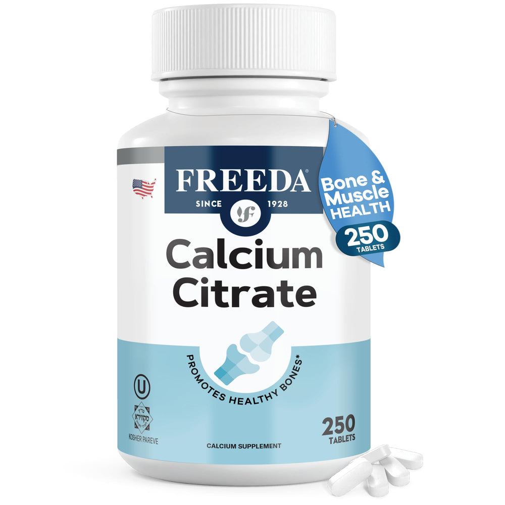 Freeda Pure Calcium Citrate 1000mg bottle showing vegan, kosher calcium for bone support