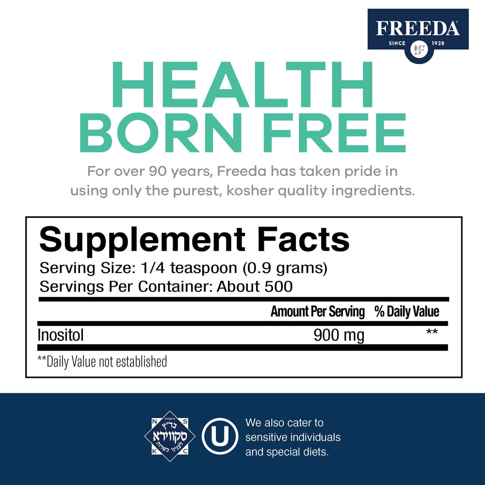 Freeda Myo-Inositol powder label highlighting vegan and non-GMO purity.