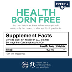 Freeda Myo-Inositol powder label highlighting vegan and non-GMO purity.