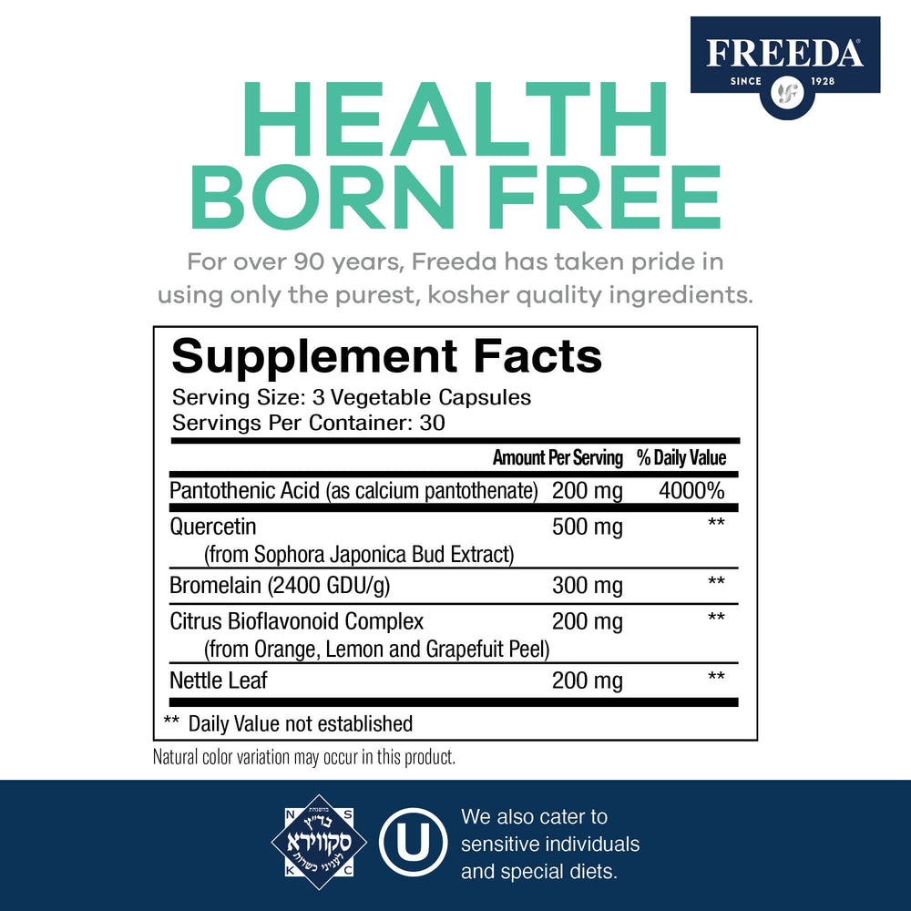 FREEDA Quercetin capsules close-up emphasizes natural antioxidant blend