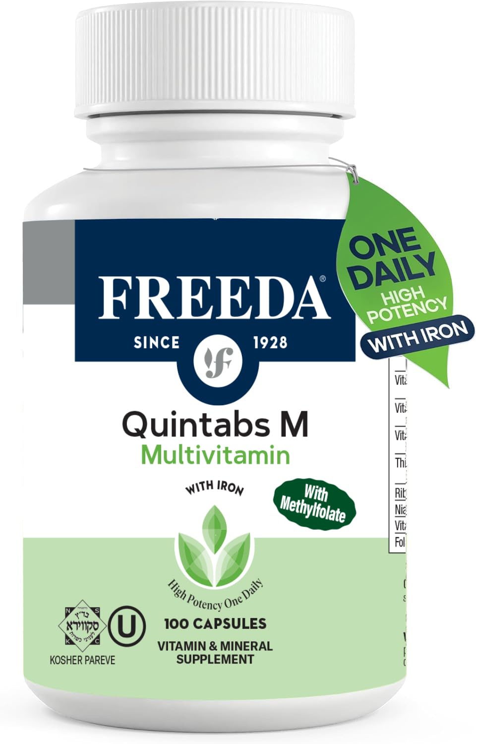 FREEDA Quintabs-M with Iron bottle on a clean countertop supports daily nutrient balance.