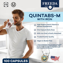 FREEDA Quintabs-M with Iron capsule close-up highlights easy daily use.