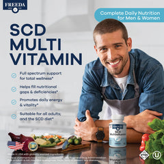 FREEDA SCD Multivitamin label closeup shows ingredients and SCD legality.