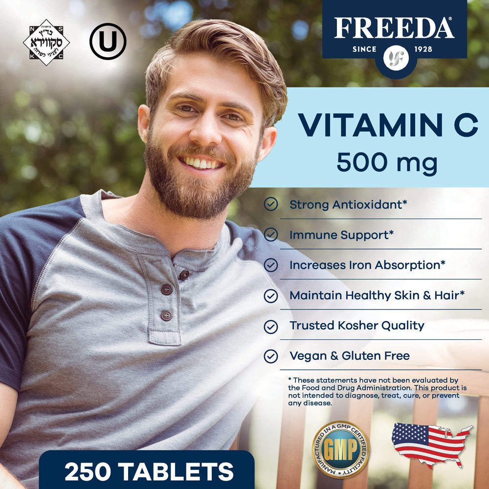 Freeda Vegan Vitamin C 500mg bottle back label with ingredients and usage information.