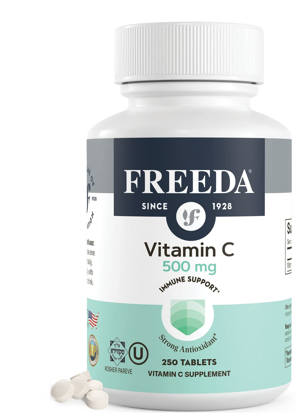 Freeda Vegan Vitamin C 500mg bottle front shows easy daily immune support.