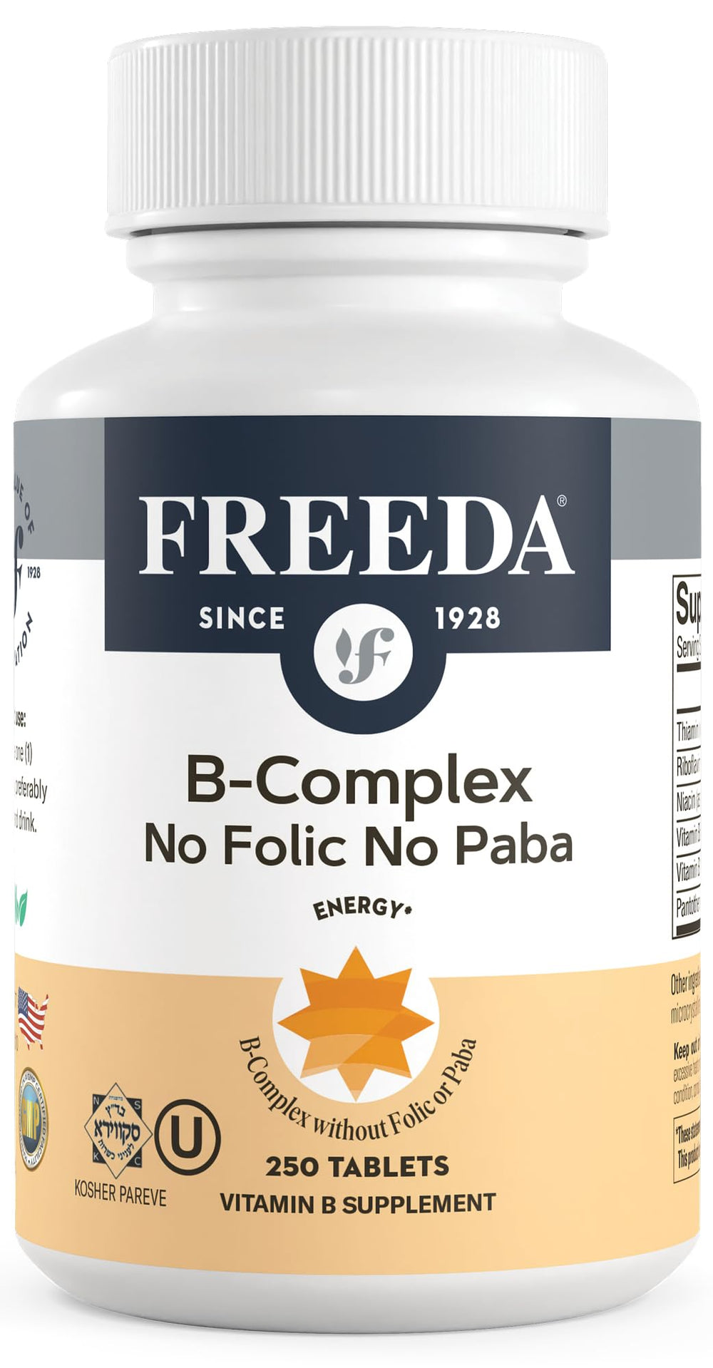Freeda Vitamin B Complex bottle close-up highlighting packaging