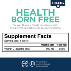 Freeda Vitamin C tablets closeup highlighting compact vegan tablets.
