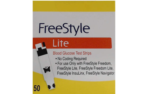 Freestyle Lite blood glucose test strips in a 50-pack box for easy daily testing.