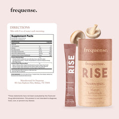 FREQUENSE Rise seven-mushrooms blend visual highlighting cognitive support potential.
