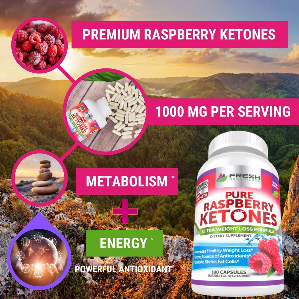 Fresh Healthcare Raspberry Ketones label closeup highlighting purity and ingredients