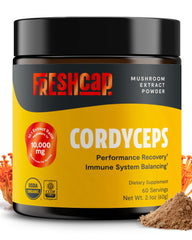 FreshCap Cordyceps bottle with 60 servings for simple daily energy support