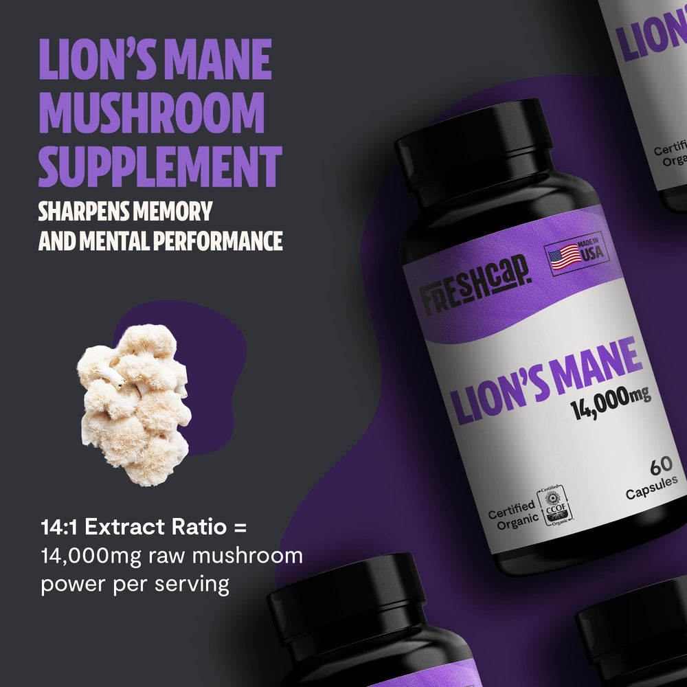 FreshCap Lions Mane bottle with organic and allergen-free badges