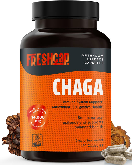 FreshCap Mushrooms Chaga capsules bottle for daily antioxidant support