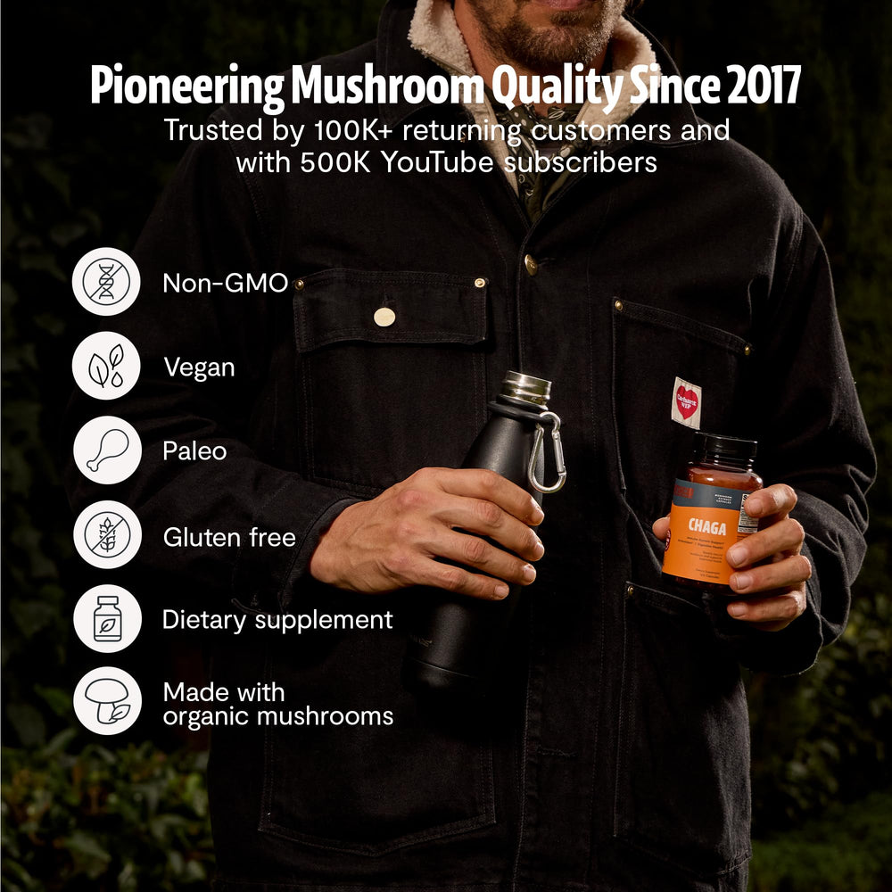 FreshCap Mushrooms Chaga capsules vegan-friendly symbol on packaging