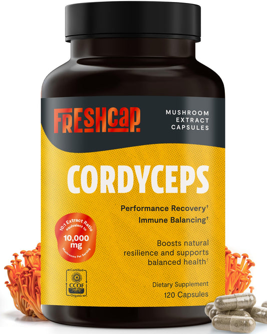 FreshCap Mushrooms Cordyceps capsules bottle designed for daily energy support and concentration