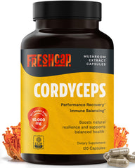 FreshCap Mushrooms Cordyceps capsules bottle designed for daily energy support and concentration