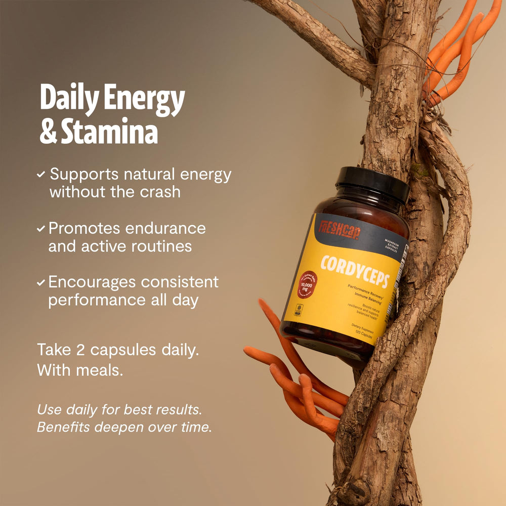 FreshCap Mushrooms Cordyceps capsules label confirms organic, non-GMO ingredients