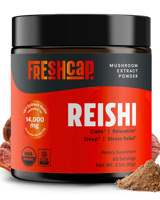 FreshCap Mushrooms Reishi Powder bottle label shows organic dual-extracted formula for balanced wellness.