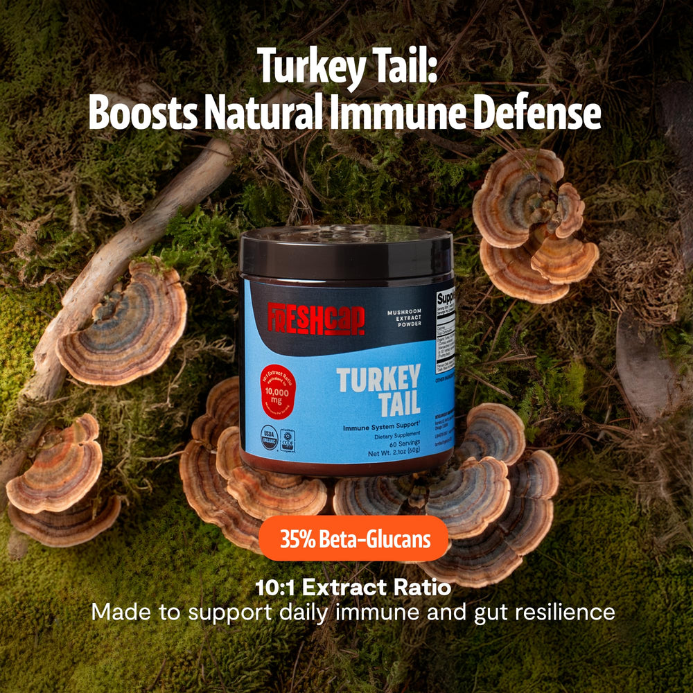 FreshCap Mushrooms Turkey Tail powder pour shows easy addition to beverages.