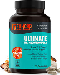 FreshCap Mushrooms Ultimate bottle label highlights organic, triple-extracted mushrooms for daily wellness.