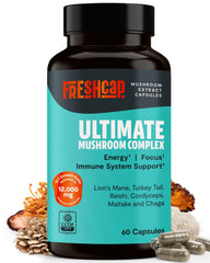 FreshCap Mushrooms Ultimate bottle shown for daily supplementation convenience
