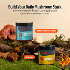 Lifestyle shot implying focus support during work or study with FreshCap Mushrooms.