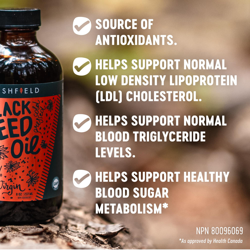 Freshfield Black Seed Oil front label highlights thymoquinone content for potency.