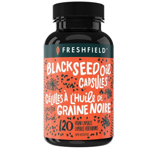 Freshfield black seed oil capsules bottle front shows premium thymoquinone-rich formula.