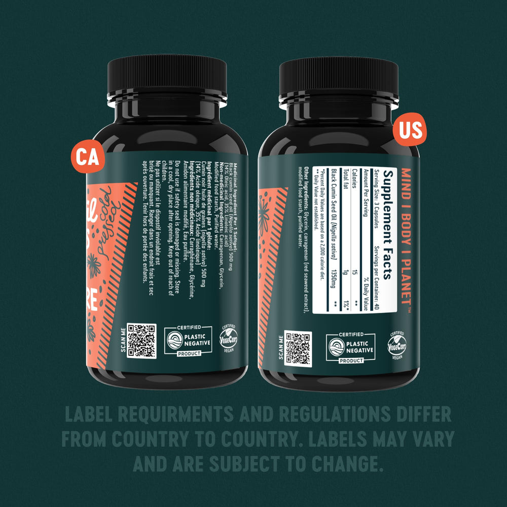 Freshfield black seed oil capsules ingredients panel highlights cold-pressed Nigella Sativa.