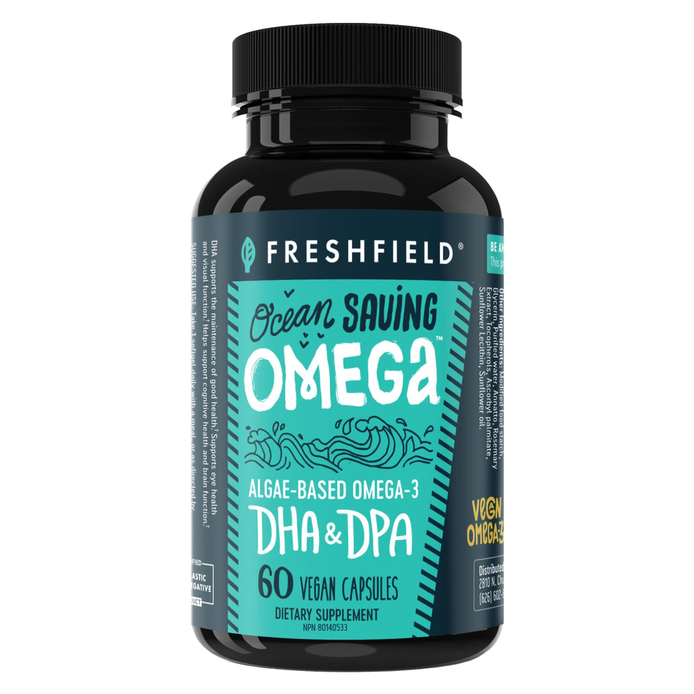 Freshfield Omega 3 algae softgel bottle displaying daily wellness support