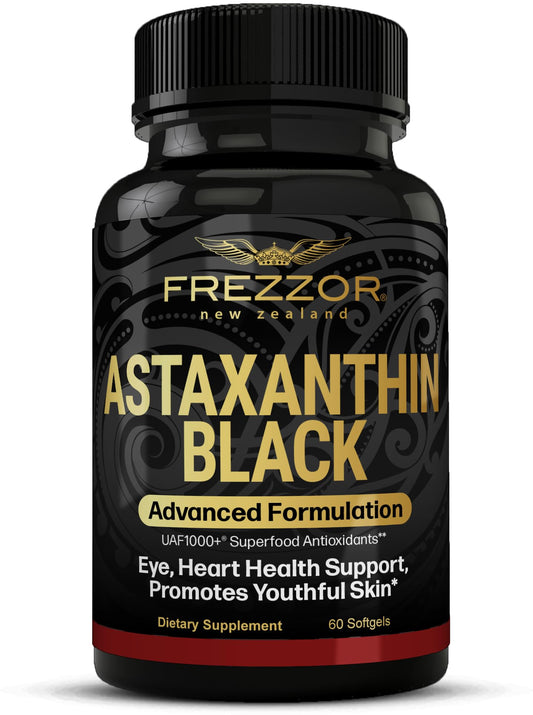 FREZZOR Astaxanthin Black bottle, premium antioxidant support for daily vitality.