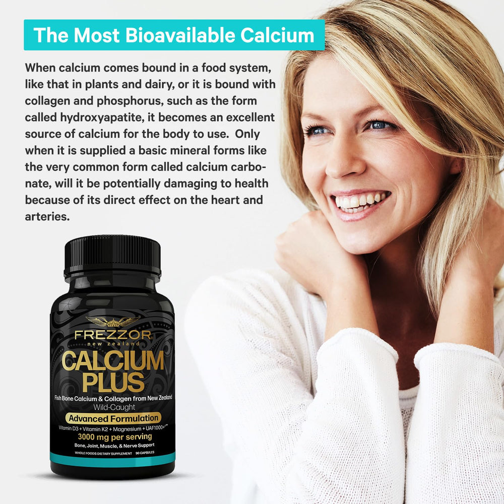 FREZZOR Calcium Plus ingredients chart shows magnesium, vitamin D3, and K2 for nutrient synergy