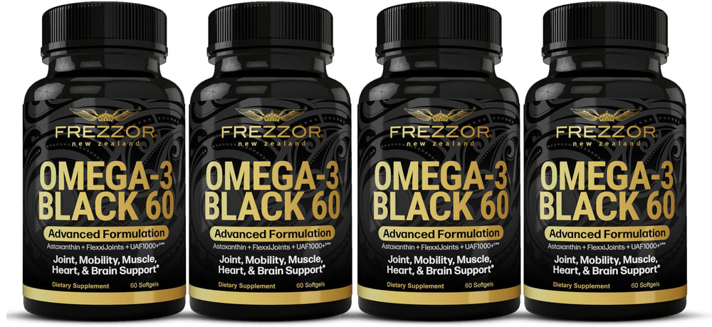 FREZZOR Omega-3 Black capsule closeup for joint support and mobility