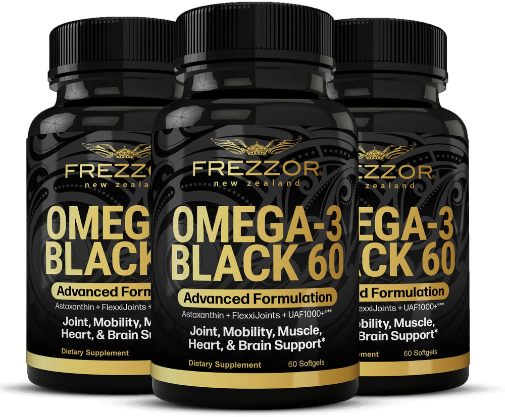 FREZZOR Omega-3 Black capsules in bottle; potent joint support with green-lipped mussel oil.