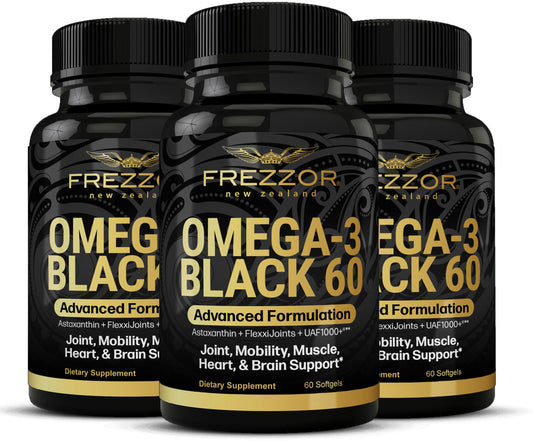 FREZZOR Omega-3 Black capsules in bottle; potent joint support with green-lipped mussel oil.