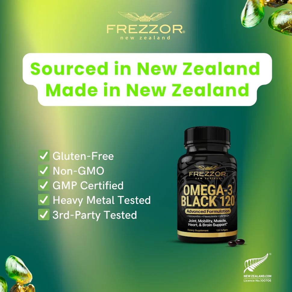Pouring FREZZOR Omega 3 Black bottle shows simple daily dosing with no fishy aftertaste.