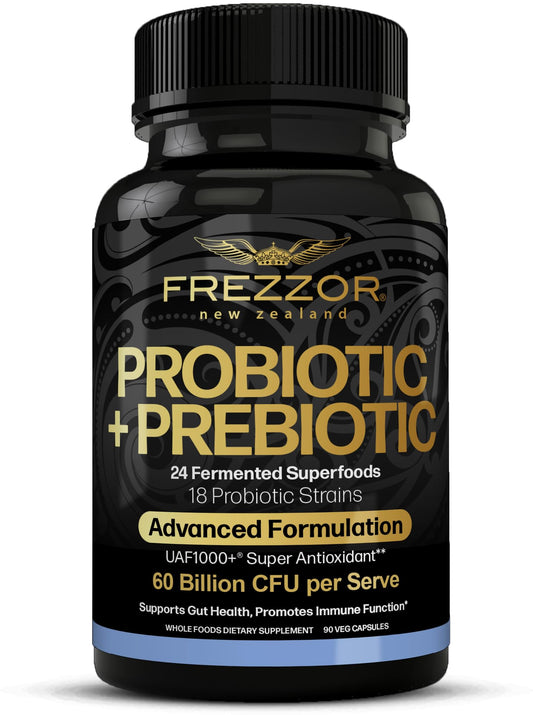Frezzor probiotic-prebiotic capsules bottle for daily digestive support.