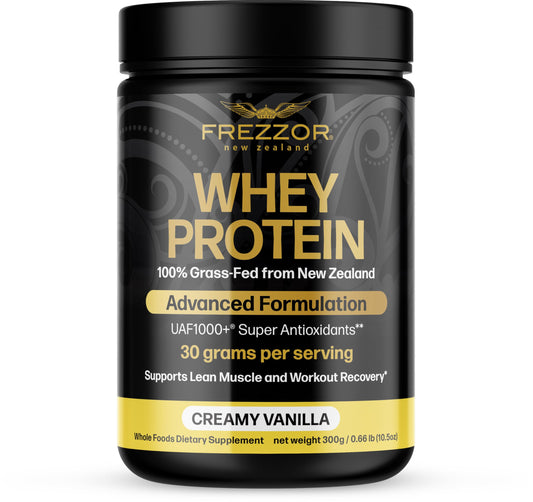 FREZZOR vanilla whey powder jar highlighting pure grass-fed protein for muscle support
