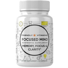 Friendly Vitamins Focused Mind bottle close-up for stimulant-free focus support.