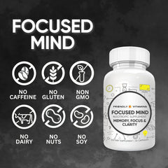 Friendly Vitamins Focused Mind tablet with label demonstrates gluten-free and dairy-free brain support.