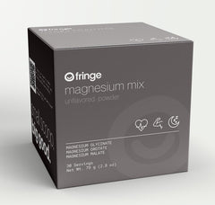 Fringe Triple Magnesium Mix packaging highlights clean formula and 30 servings.