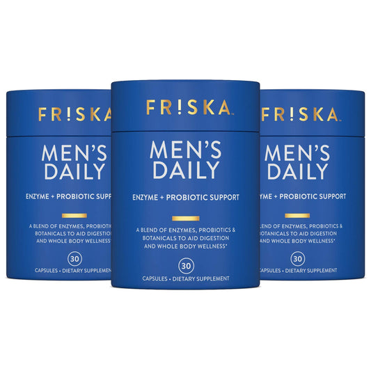 Friska Daily Digestive Enzymes bottle for men’s gut support.