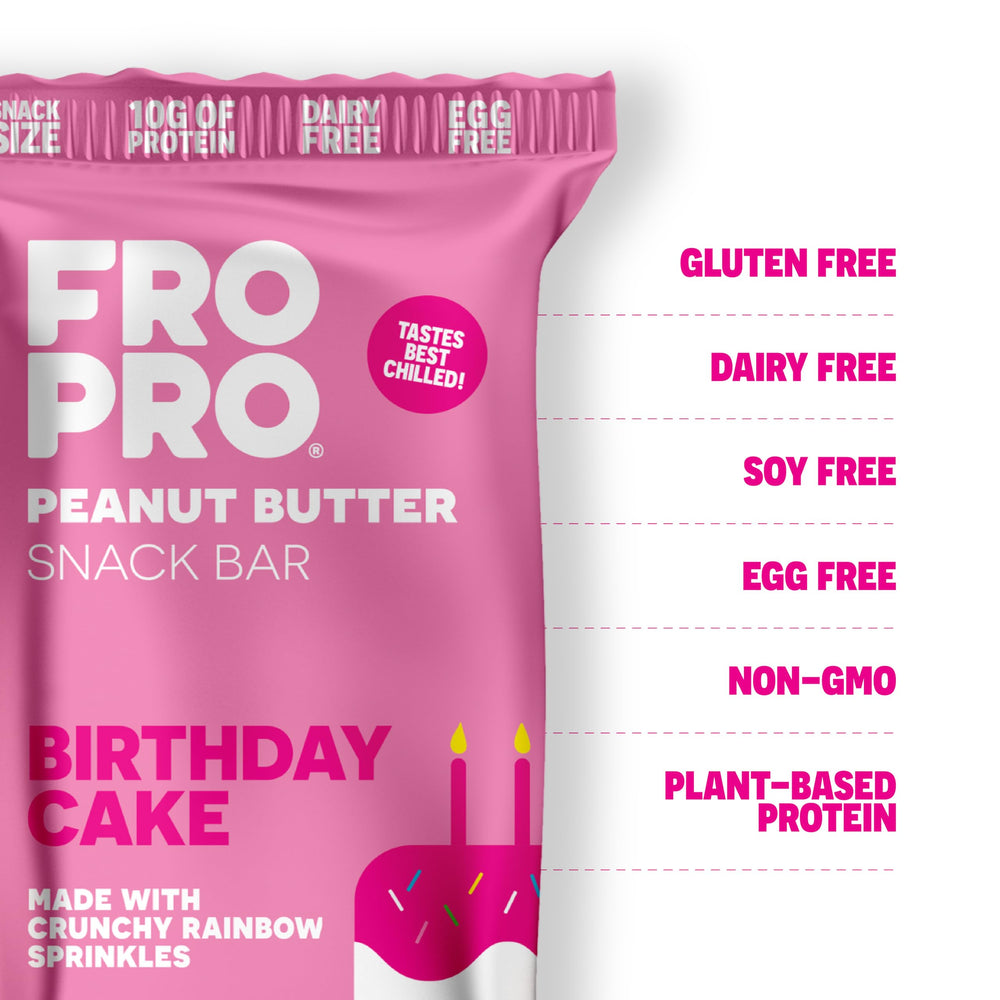 FRO PRO Birthday Cake bar close-up highlighting protein-rich texture