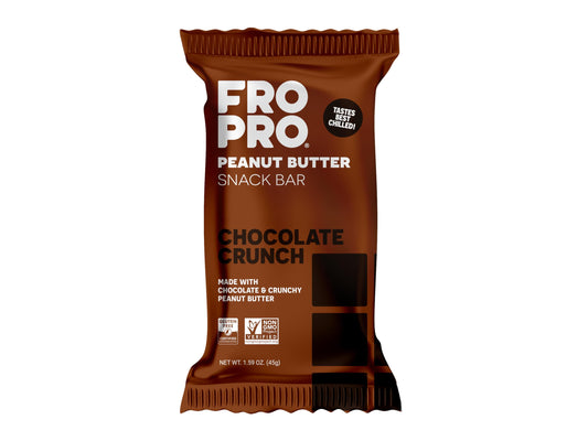 FRO PRO plant protein snack bar chocolate crunch front view, easy grab-and-go snack.