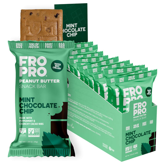 FRO PRO Mint Plant Protein Snack Bar 12-pack on shelf for quick, satisfying snacking.